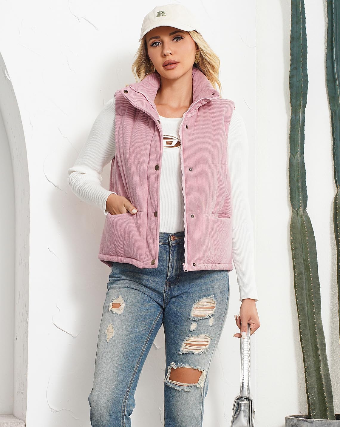 Womens Corduroy Puffer Vest Stand Collar Zip Snap Button Sleeveless Warm Waistcoat Padded Gilet - Image 4