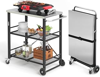 LUE BONA Foldable Outdoor Grill Cart with 2 Total Lock Casters, Stainless Steel Pizza Oven Stand, Rolling BBQ Table and 3 Shelf Folding Kitchen Island, Black