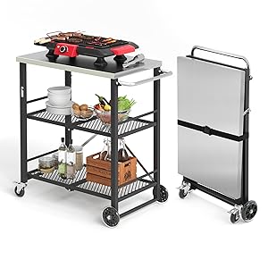 LUE BONA Mesa de Barbacoa con 2 Niveles,Carro de Barbacoa con 4 Ruedas Cerradas,Postre Exterior para Barbacoa con Ganchos y Estante,Carrito de Comedor para Cocinas,Barbacoas,Fiestas,47x70x86 cm,Negro