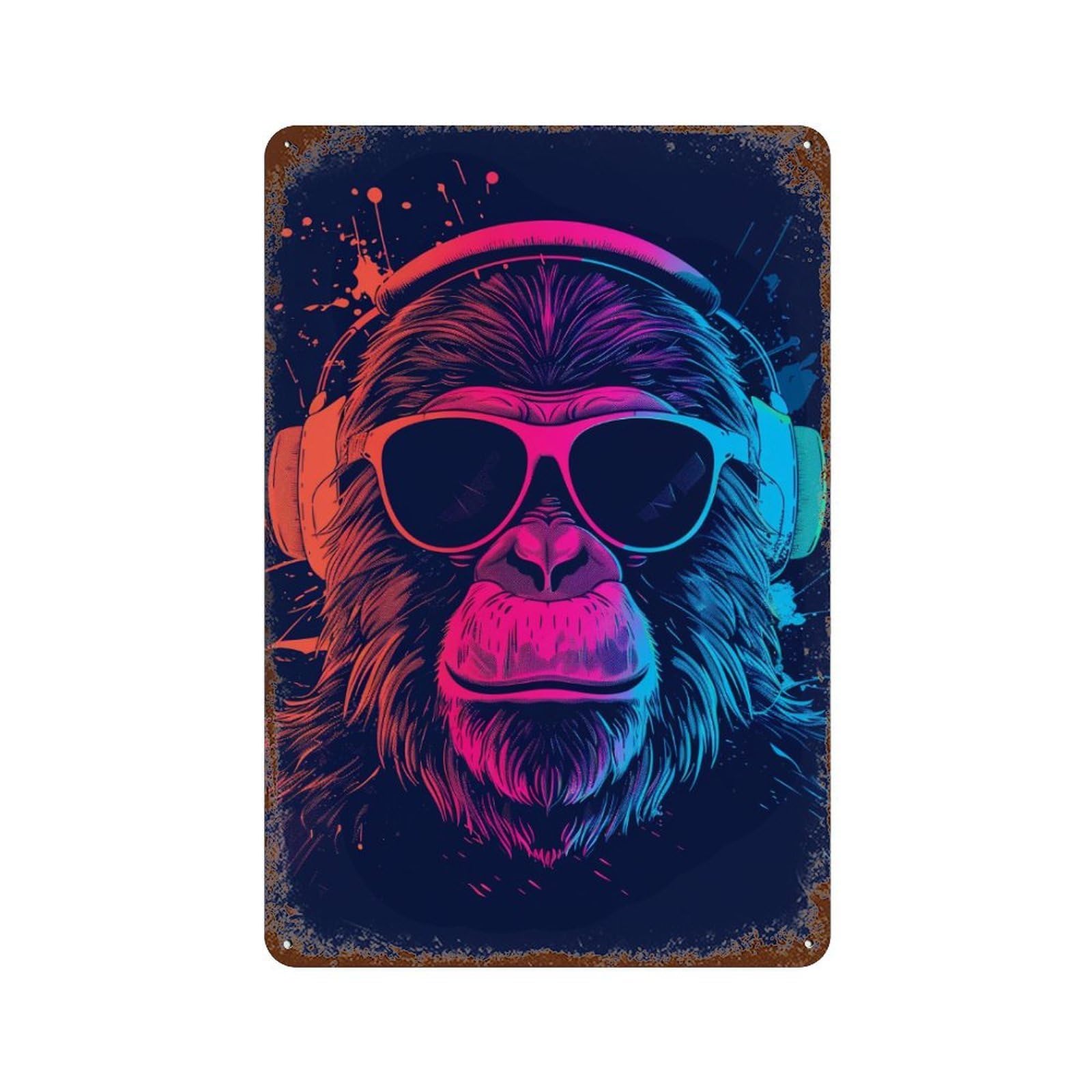 Neon Monkey Headphones Art Print -1 Rust Effect Tin Sign 11.8"x7.9", Industrial Home Decor for Garage, Pub Or Kitchen