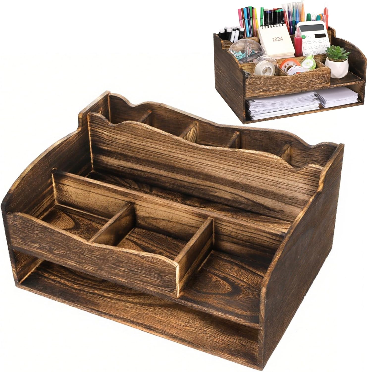 Covzoe Wood Desk Organizer with File Organizer, Vintage Pen Pencil Holder with 9 Compartments, Rustic Makeup Storage Display Case Countertop, Art Supplies Organizers for Home Office