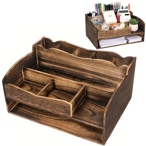 Covzoe Wood Desk Organizer with File Organizer, Vintage Pen Pencil Holder with 9 Compartments, Rustic Makeup Storage Display Case Countertop, Art Supplies Organizers for Home Office