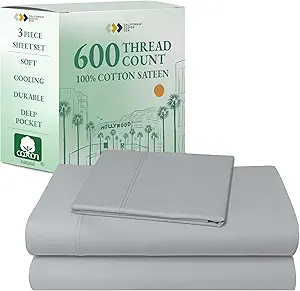 California Design Den Luxury Twin Sheet Set - 100% Cotton, 600 Thread Count Deep Pocket Twin Sheets, Soft Hotel-Quality Bedding with Sateen Weave - Light Grey