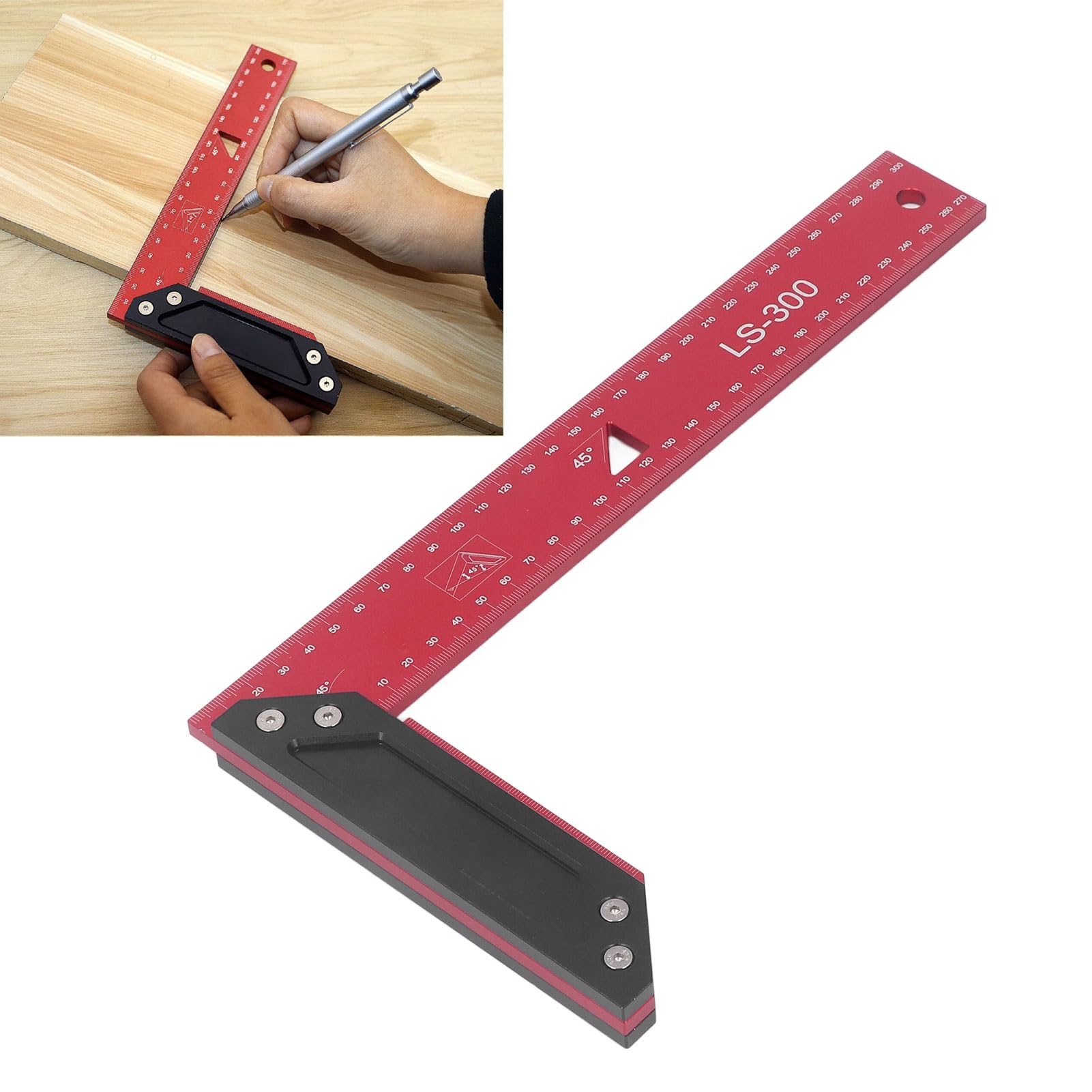 Escuadra de Carpintero, Regla de Ángulo Recto en Forma de L de Aleación de Aluminio de 300 Mm, Regla de Medición Doble de 45 °, Regla Profesional en Forma de L con Llave Para