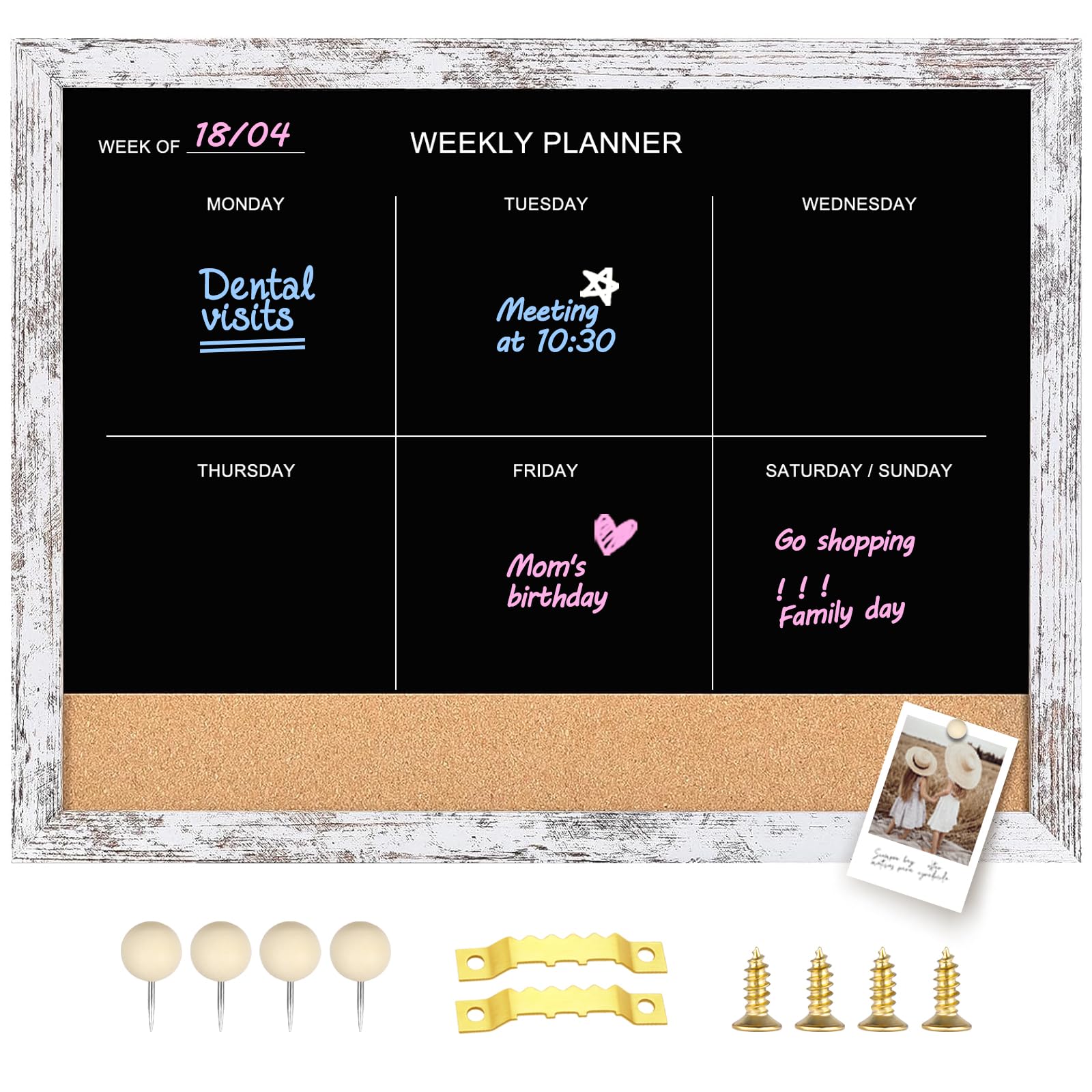Pizarra y tablero de corcho, calendario semanal de superficie magnética, pizarra y tablón de anuncios, calendario de pizarra combinada para pared, tablero de notas enmarcado de madera