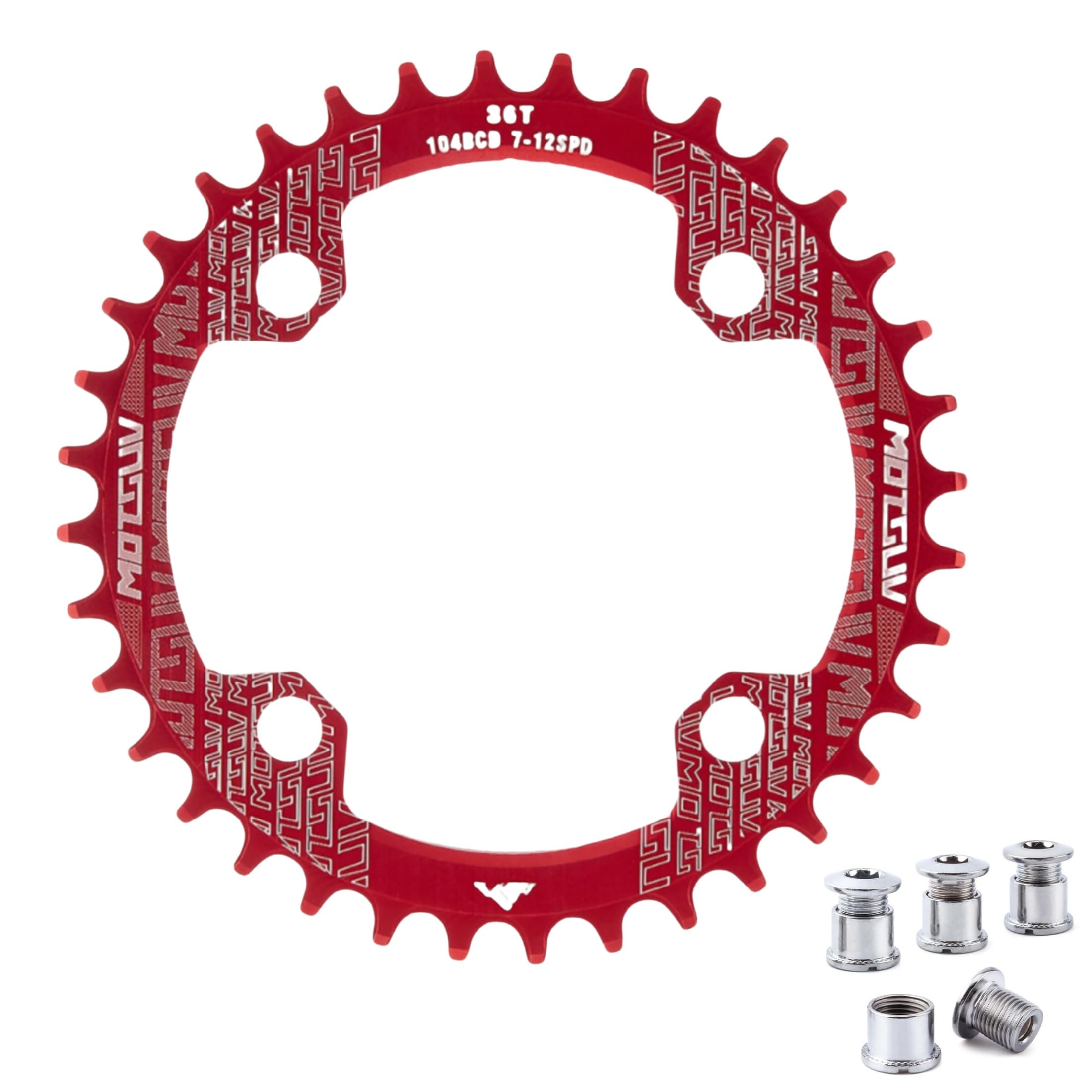 QIAMNI 104 BCD 32T 34T 36T 38T Narrow Wide Single Chain Ring with 4 Pieces Sprocket Bolts for Road Bikes, Mountain Bikes, BMX MTB Bike (Red, 36T)