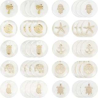 PH PandaHall Freshwater Shell Pendants, 40pcs Seashell Starfish Charms Ocean Beach Sea Shells Flat Round with Golden Pattern Tortoise Charms for Wakiki Hawaii Anklet Bracelet Making Home Party Decor