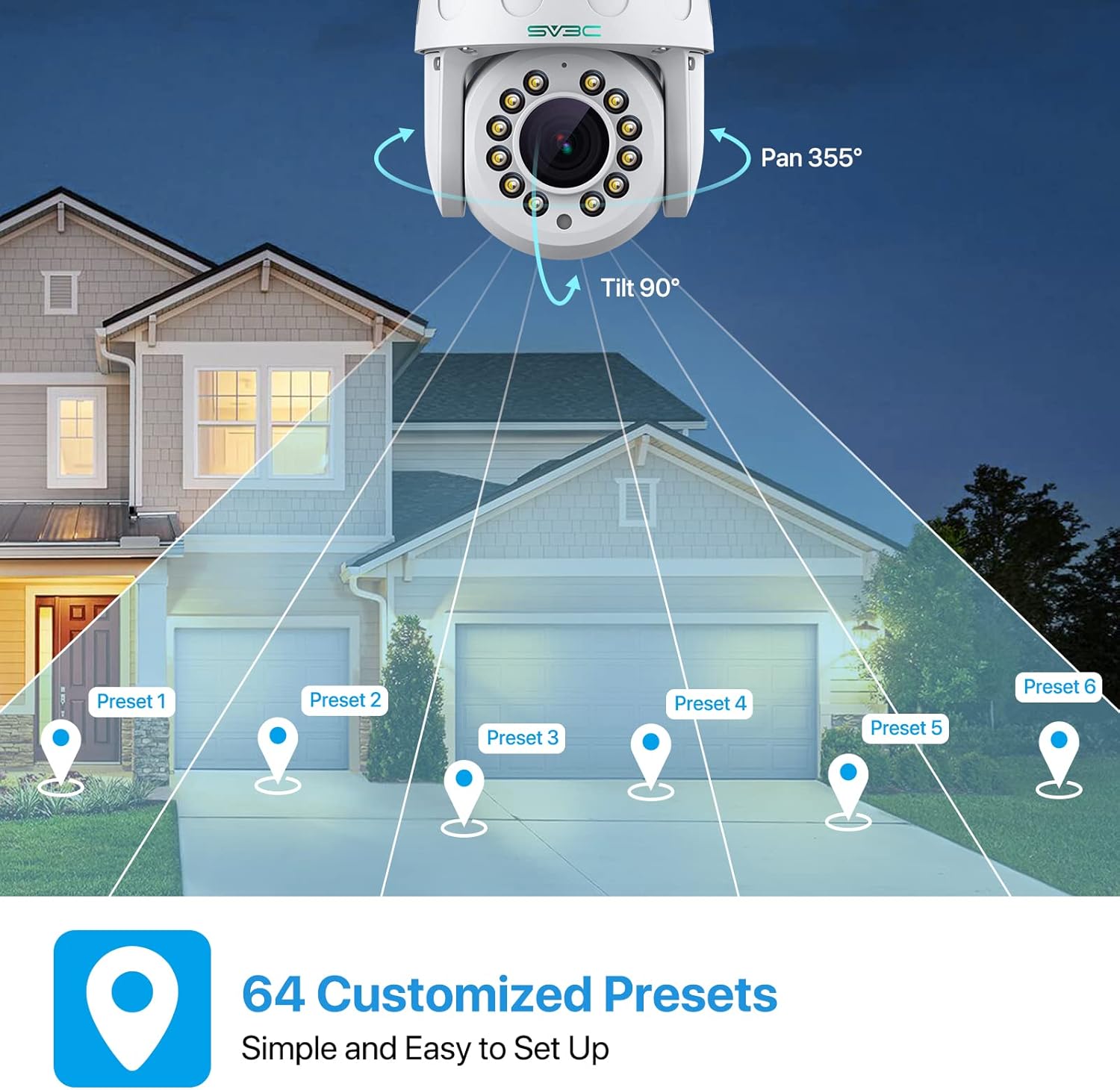 SV3C PTZ WiFi Outdoor Security Camera showing 64 customized presets
