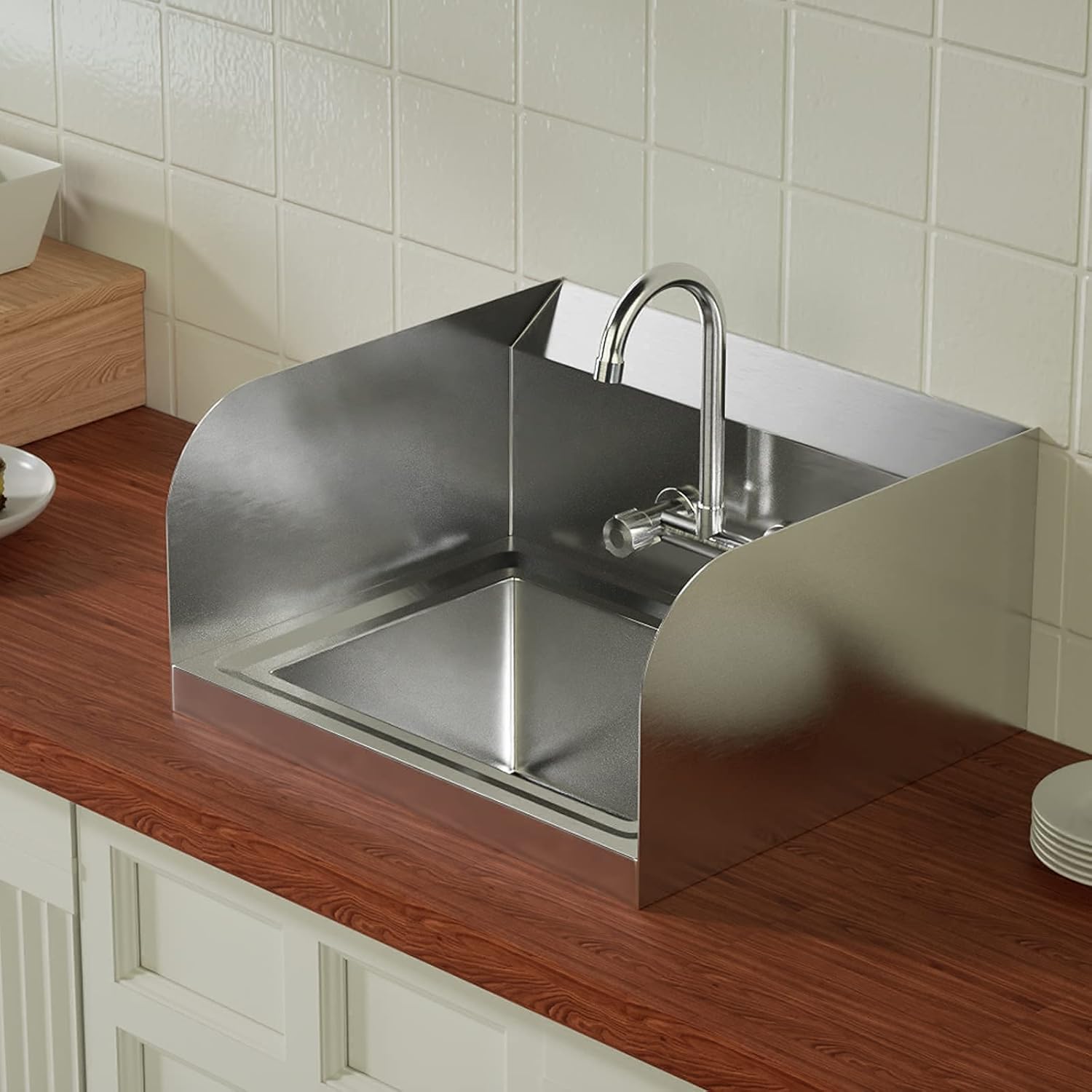 Bonnlo Upgraded Commercial Hand Wash Stainless Steel Prep/Bar Sink with Side Splash Guard - Wall Mount Utility Sink Hand Washing Basin with Faucet for Commercial Restaurant RV Kitchen