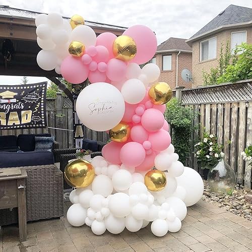 Vista 3 de Juego de 84 globos rosa claro, guirnalda de arco de 5 pulgadas + 12 pulgadas + 18 pulgadas, globos de color rosa pastel, globos de feliz cumpleaños