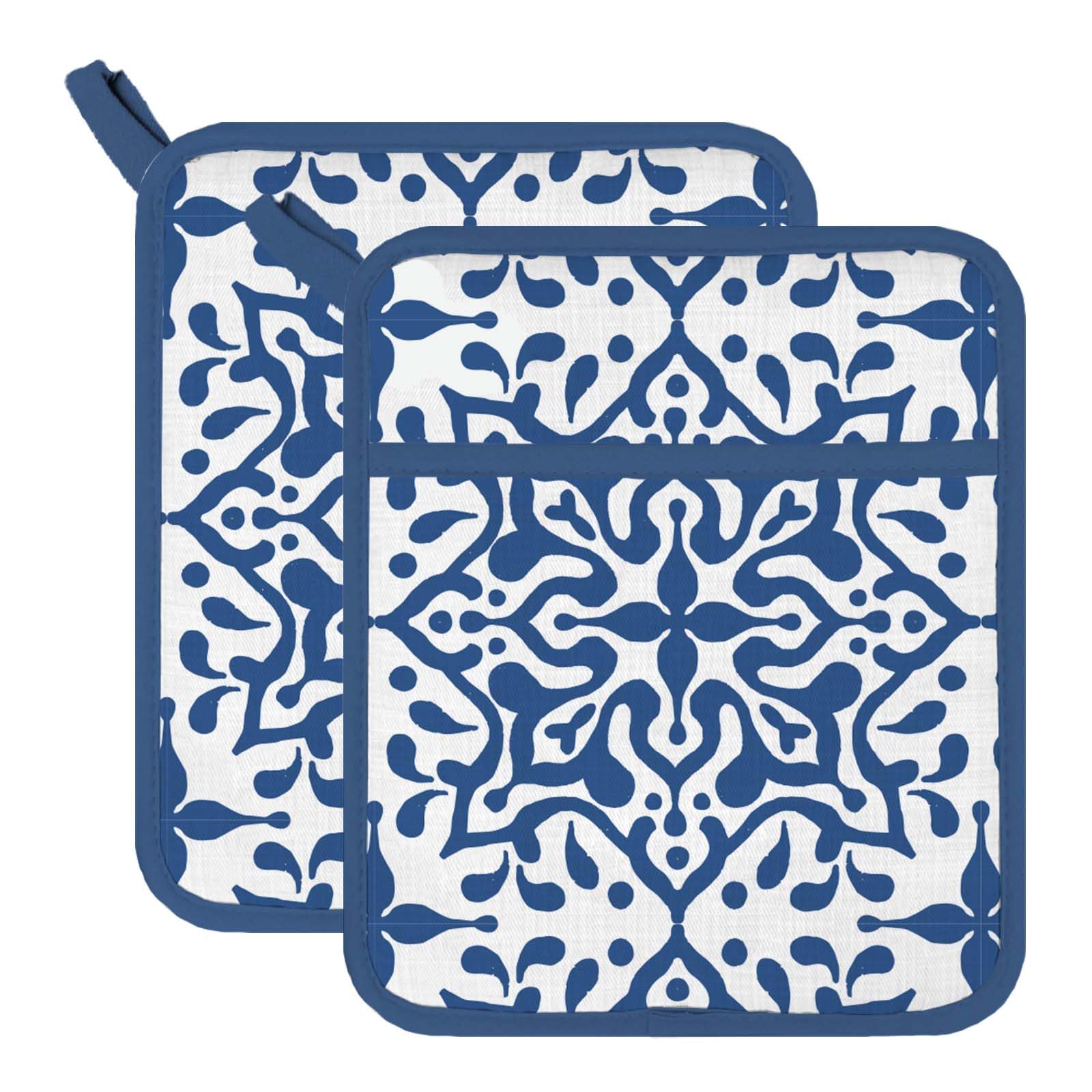 Maniques de cuisine résistantes à la chaleur en coton premium FREEBLOSS motif bleu et blanc