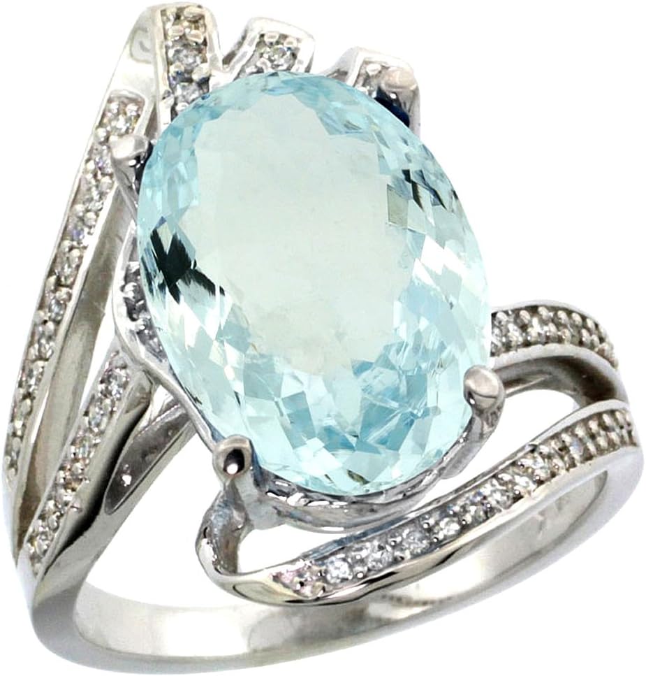 14k White Gold Stone Natural Aquamarine Bypass Ring Diamond Accents Oval 14x10mm, size 9