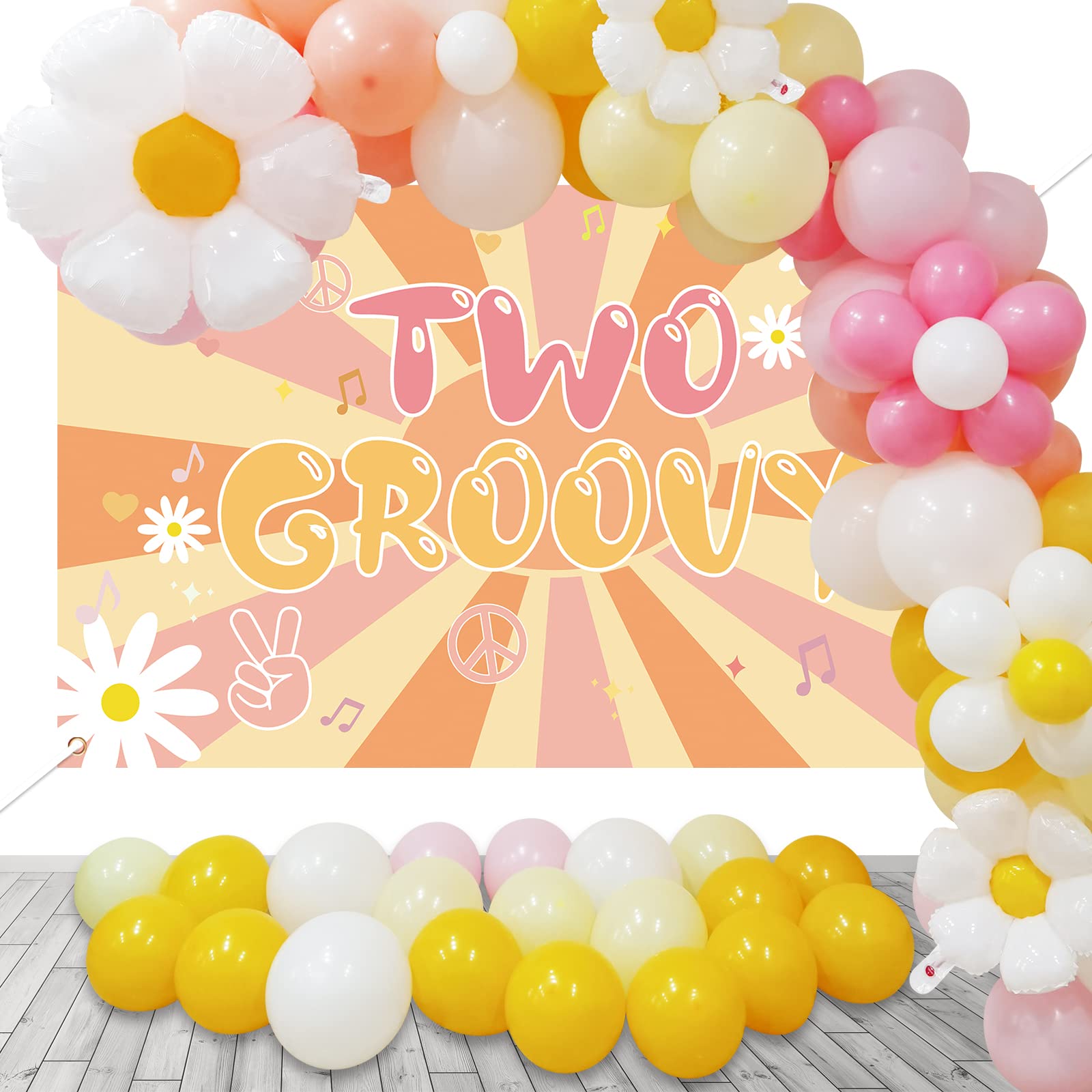 Two Groovy Party Decorations Boho Party Decorations Two Groovy Party Backdrop Banner,Pink White Yellow Boho Groovy Daisy Flower Balloons Garland Arch for Daisy Retro Hippie Boho Baby Girls Birthday Party Decorations,Groovy Party Supplies,2nd Birthday