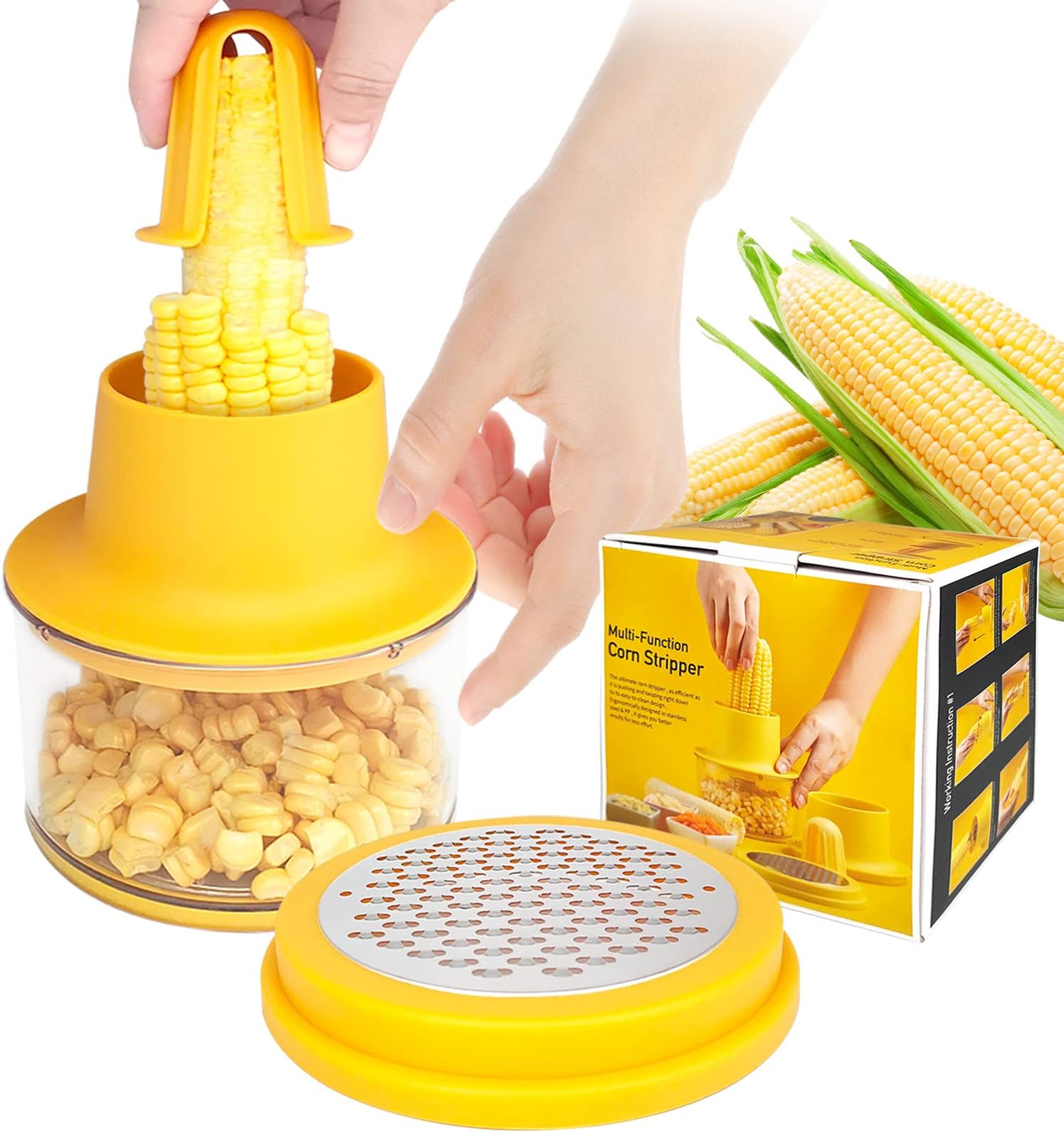Corn Peeler, Multi-Function Cob Corn Stripper 4 in 1, Stainless Steel Corn Stripping Tool,Corn Cutter with Bowl and Grinding Cover (Lemon Yellow)