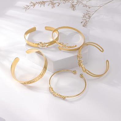 Personalized Name Bracelets, 18K Gold Custom Engraved Name Cuff Bangle Bracelets for Women, Mom, Daughter, Personalized Jewelry Gifts for Her