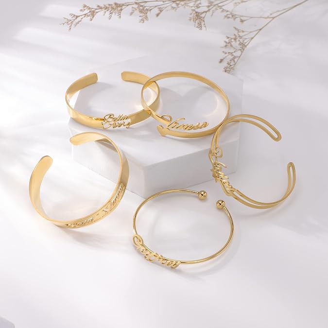 Personalized Name Bracelets, 18K Gold Custom Engraved Name Cuff Bangle Bracelets for Women, Mom, Daughter, Personalized Jewelry Gifts for Her