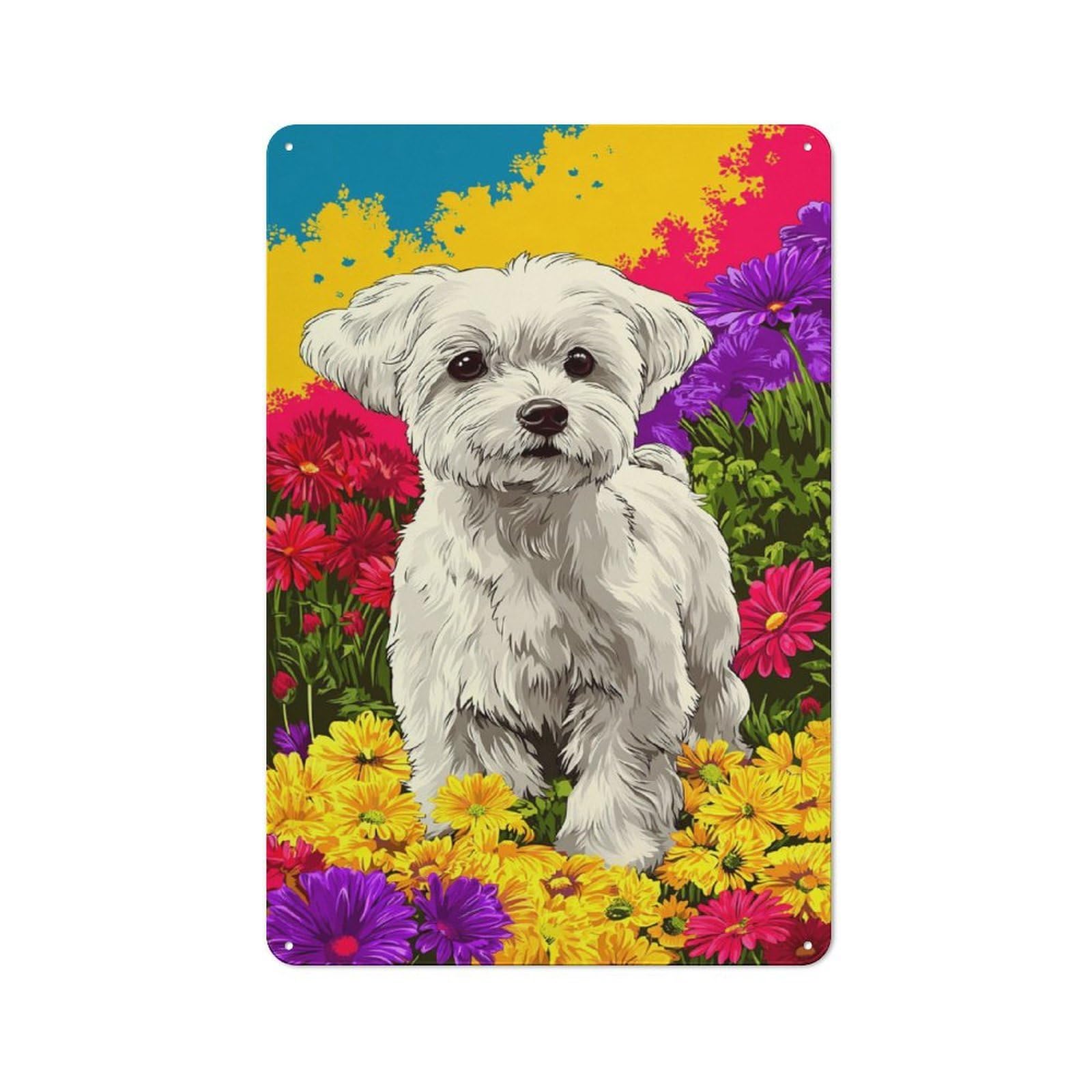 Junmoney Floral Fantasy With White Dog -3 Retro Metal Wall Sign 30X20cm For Man Cave Or Games Room, A Housewarming Gift For Games Room Collectors