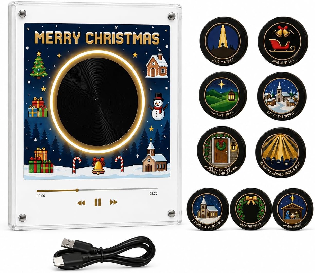 Christmas Fridge Magnet Music Player, 9 NFC Vinyl Discs, Retro LED
