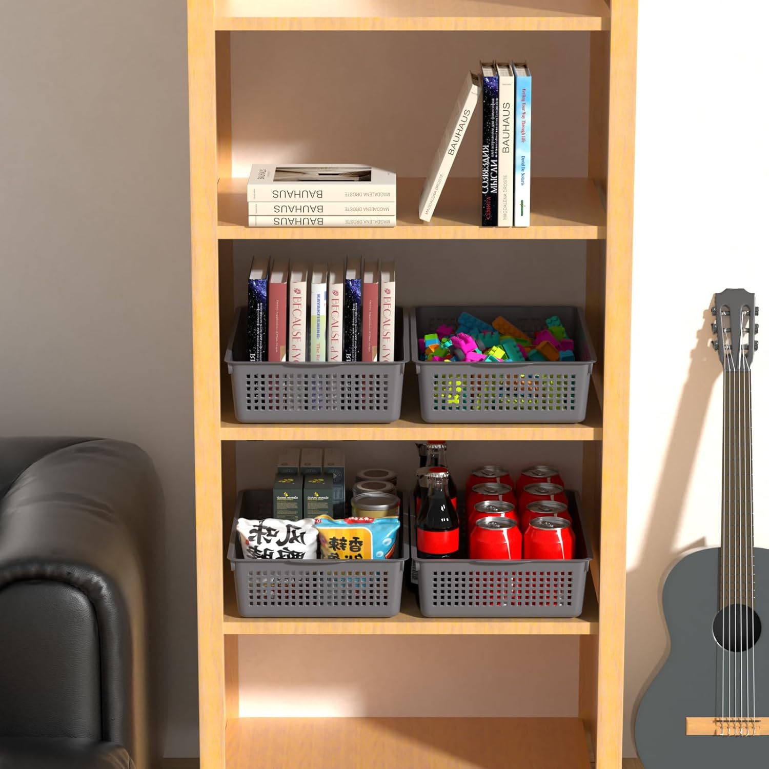 A4 Size Plastic Basket, Desktop File Storage Organization Tray, Set of 6 (Grey)