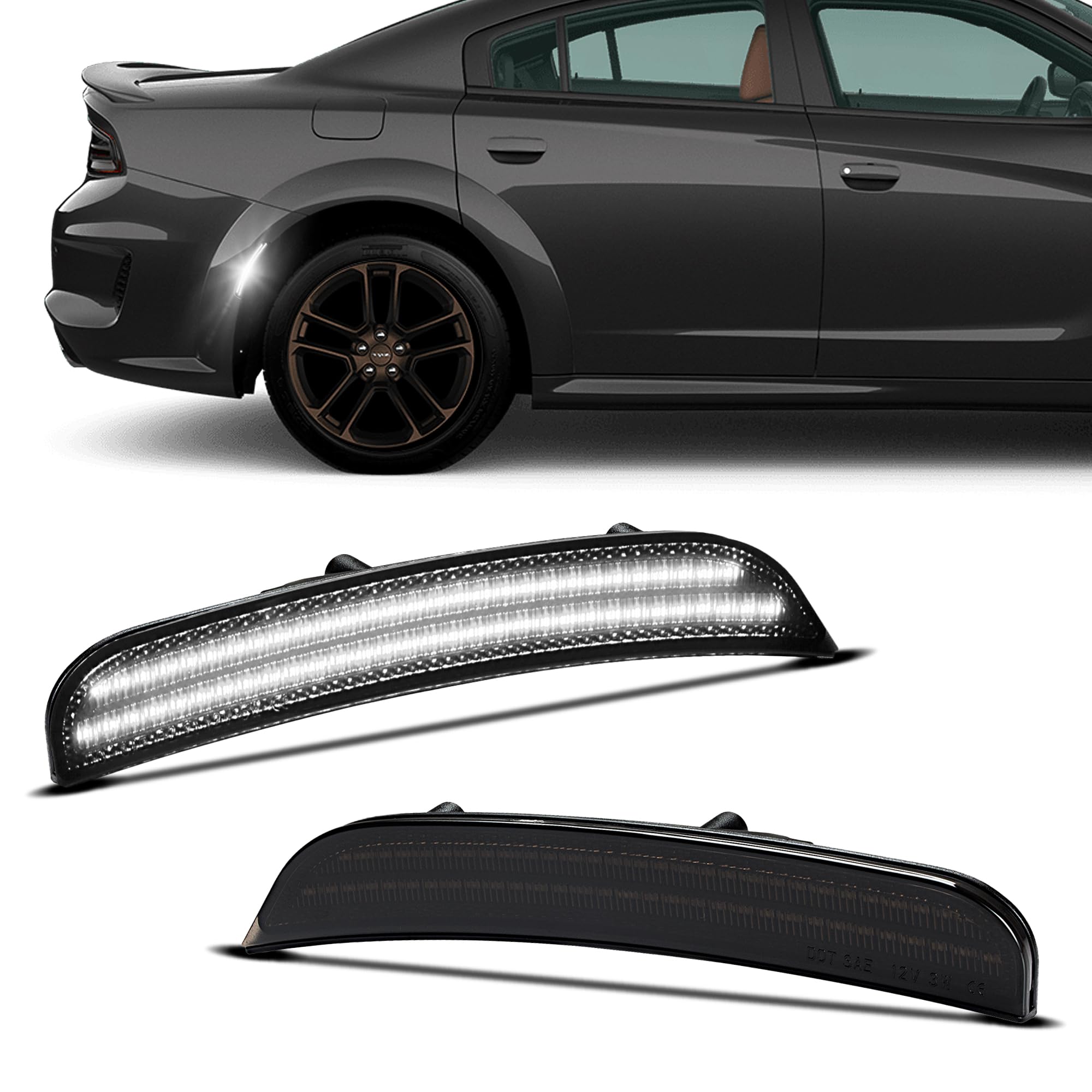 NEIFILES Rear LED Side Marker Lights Compatible with Dodge Charger 2015 2016 2017 2018 2019 2020 2021 Bumper White Lamps Smoked Lens Pack of 2