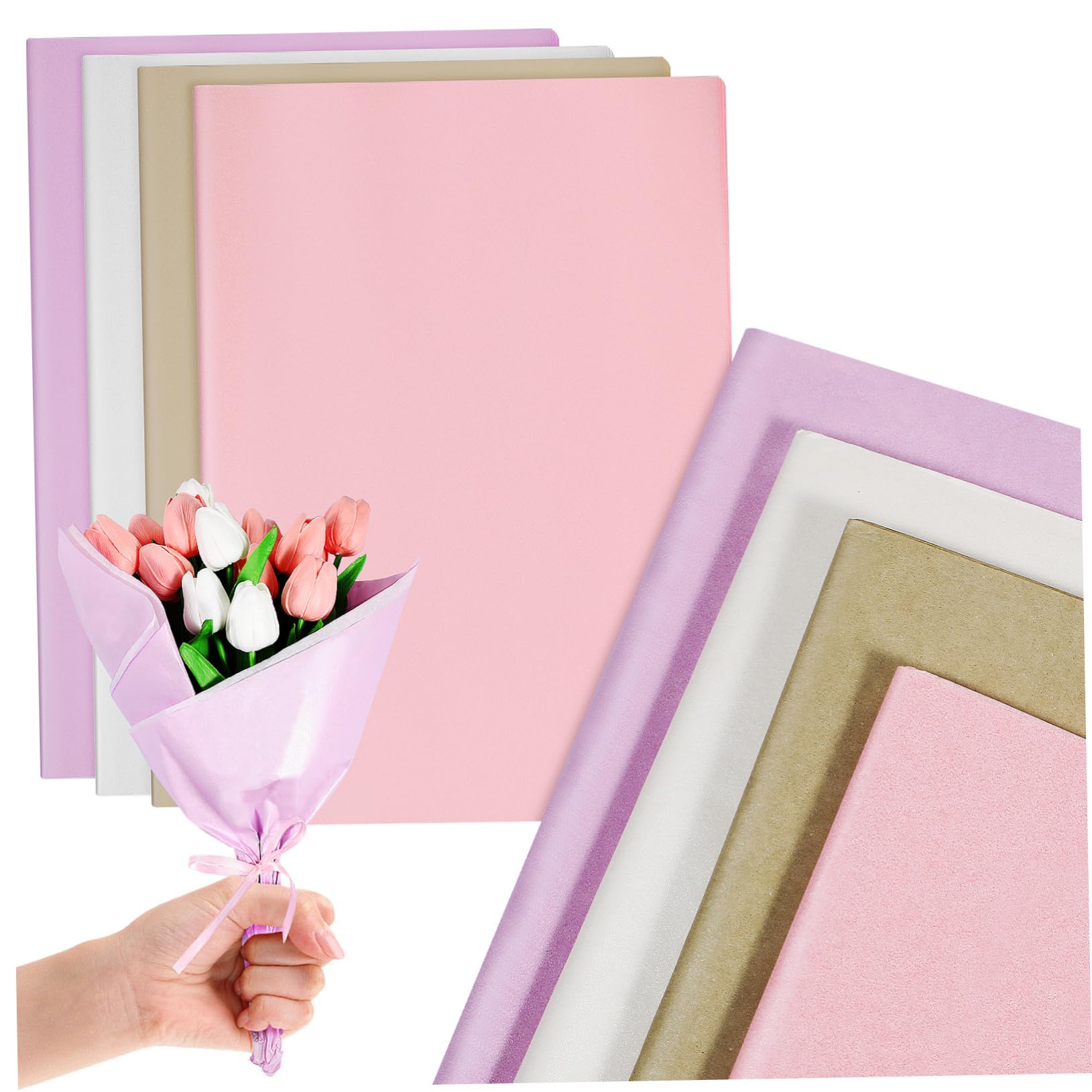 WOONEKY 80 Fogli Carta Velina Spessa per Confezioni Regalo Carta da Imballaggio Pastello Resistente per Sacchetti Regalo e Bouquet Colori Pearl Rosa Sakura Campanula Facile da Tagliare e
