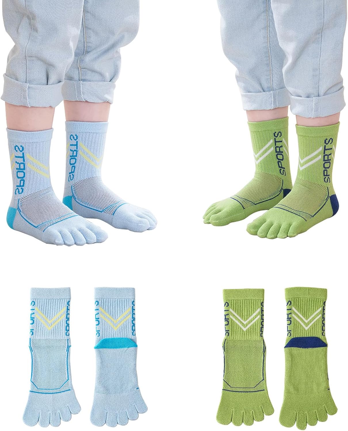 2 Pairs Cotton Five Finger Toe Socks Athletic Sports Breathable Mesh Seperated Socks for Boys Girls Kids Teens 6-15 Years