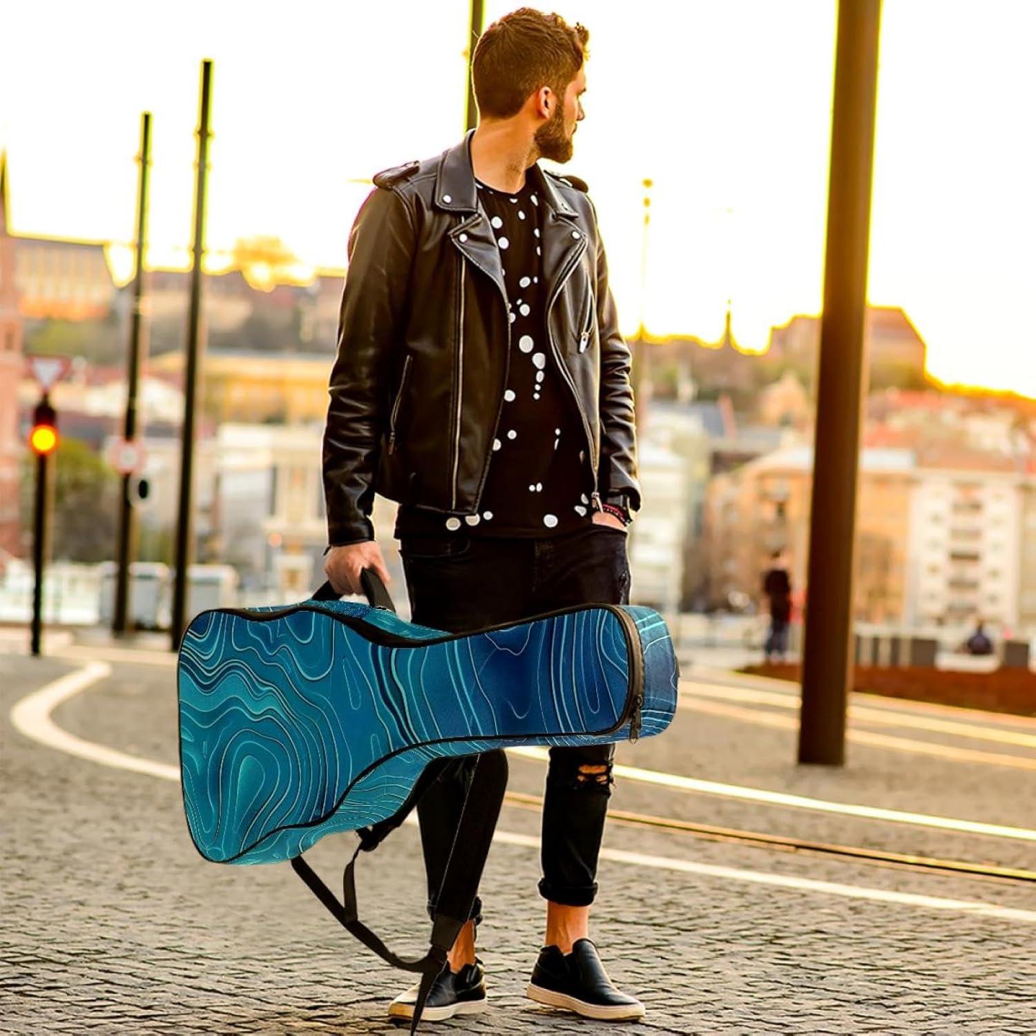 40 41 42 Inch Guitar Bags, Waterproof Padded Acoustic Guitar Case Backpack with Adjustable Shoulder Strap & Pockets, Abstract Lines Art Pattern