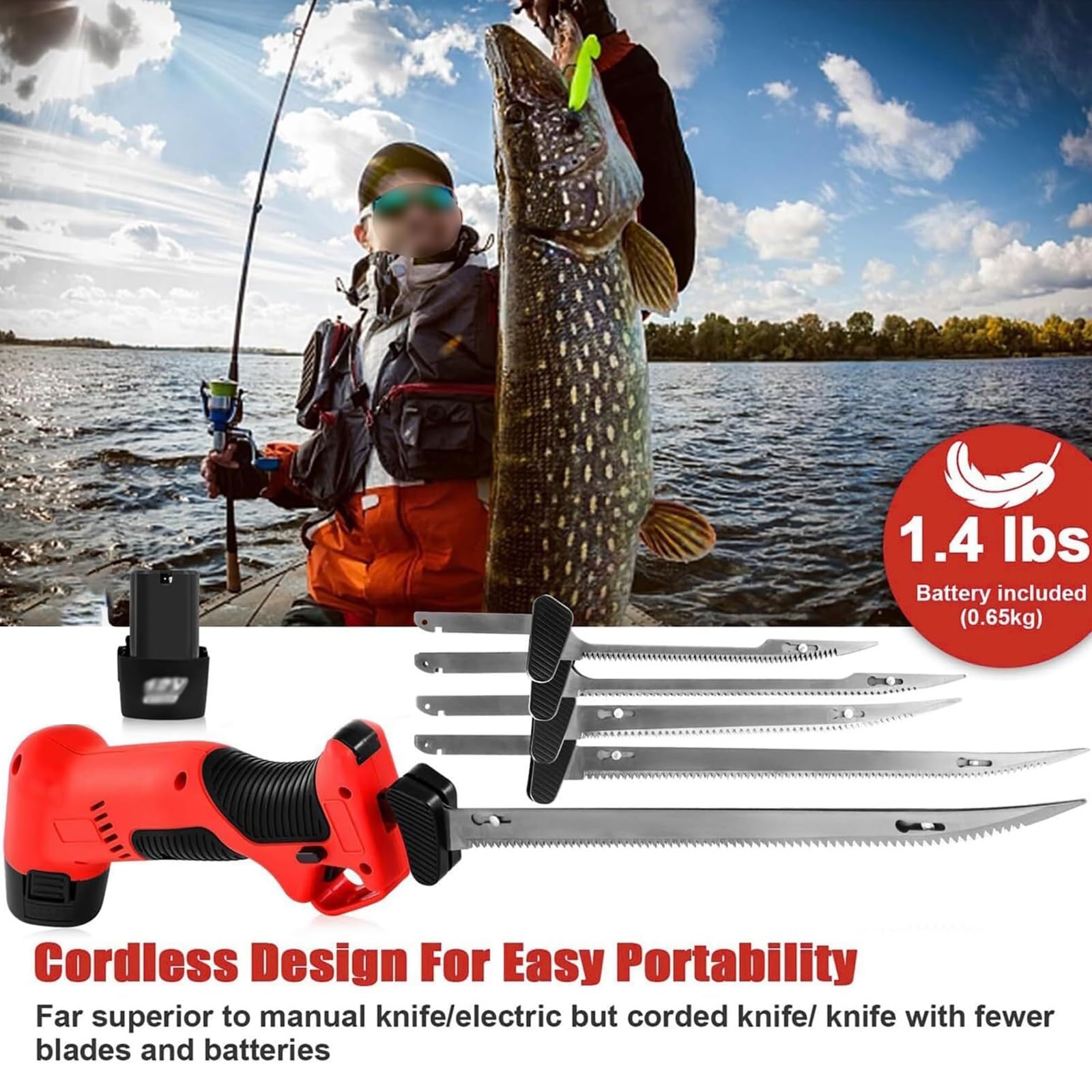 Cuchillo para filetear pescado recargable, cuchillo para filetear pescado eléctrico inalámbrico, cuchillo para pan multifuncional con 4 hojas revestidas de acero inoxidable