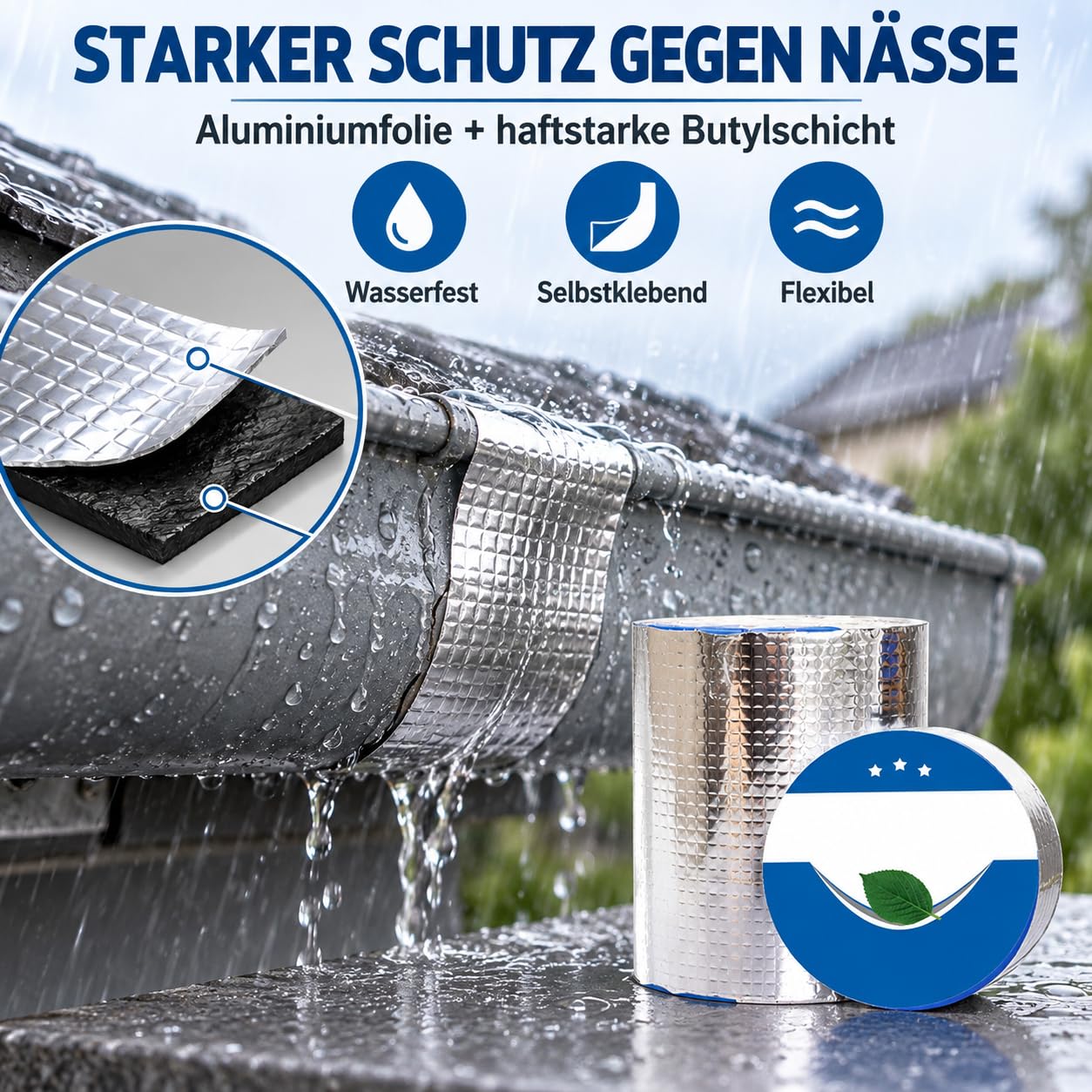 Butylband Wasserdicht, Wasserfestes Butyl Reparaturband – Allwetter Dichtband Für Dach, Rohr & Leckagen, Dachrinnen Reparaturset, Wasserdichte Abdichtung – Zuverlässiger Leckageschutz，30cm*10M