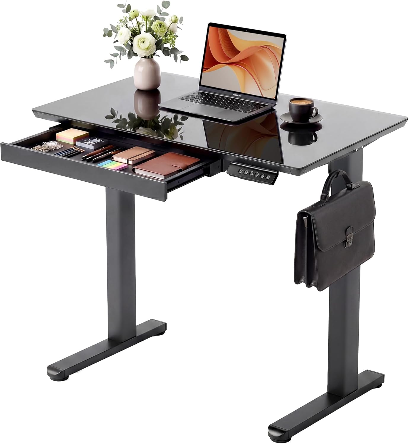 YDN Glass Standing Desk with Drawer, 32 x 19 Inches Electric Adjustable Height Desk, Sit Stand Home Office Desk with Tempered Glass Top, 4 Memory Presets Ergonomic Computer Desk, Black