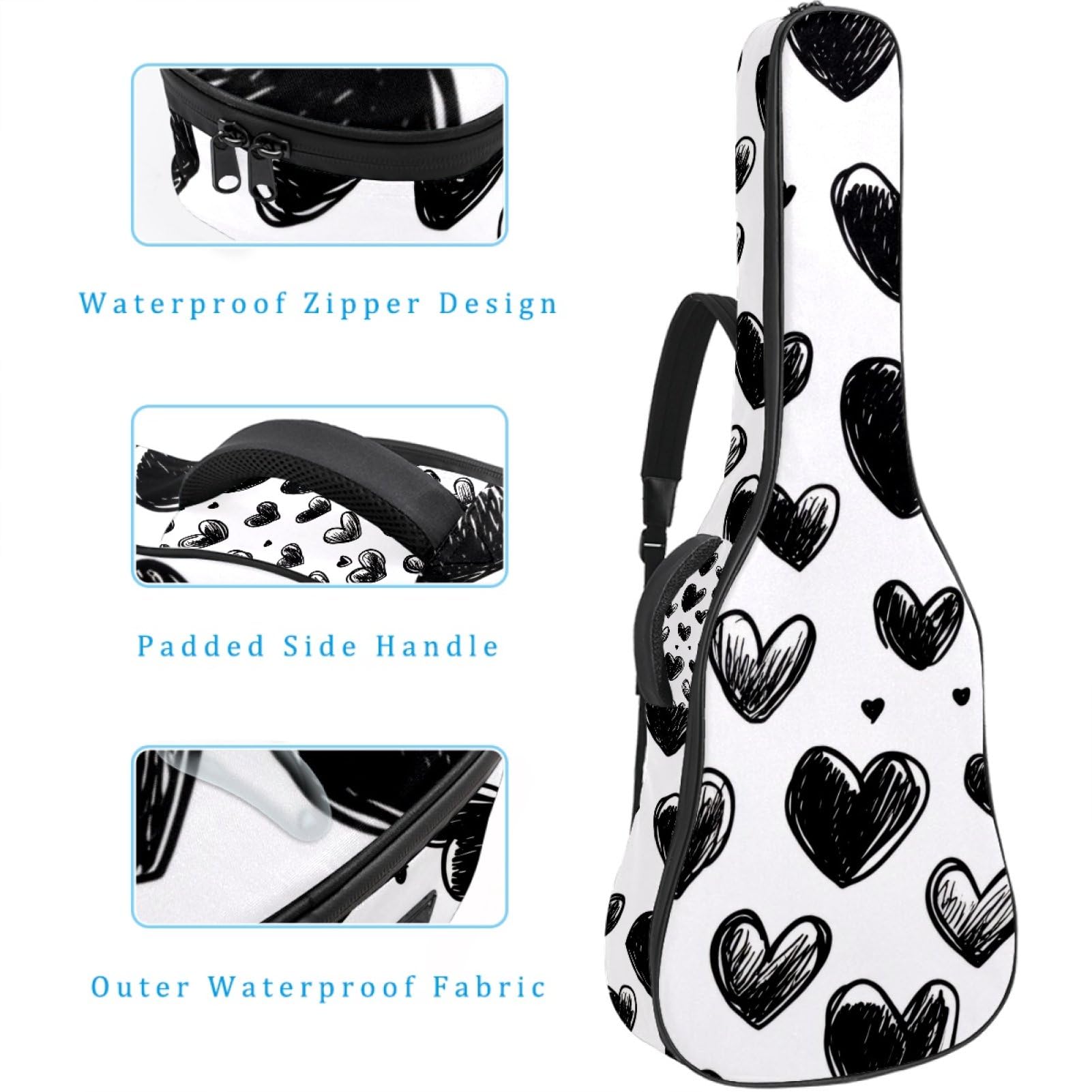 43 Zoll Akustikgitarre Softcase mit Rucksackgurt und 2 Taschen Black Lines Love, Keine Polsterung Rucksack Wasserdicht Oxford Tuch Bassgitarre Gigbag für Konzertgitarre, mehrfarbig,