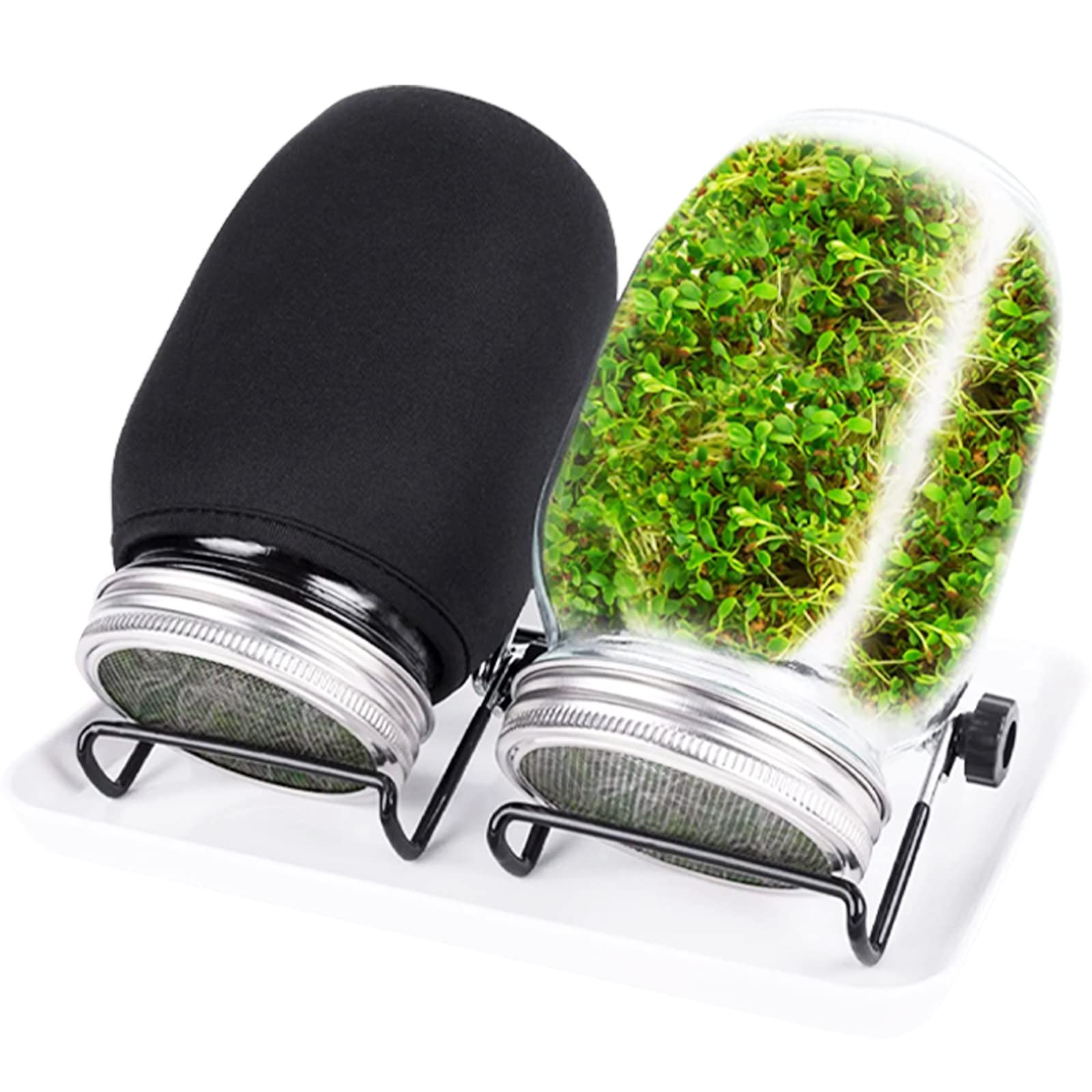 Sutowe 2 Jars Seed Sprouting Jar Kit Wide Mouth Mason Jars Bean Sprouts Growing Kit With Stainless Steel Screen Sprout Lids + Stands + Blackout Sleeves And Drain Tray For Seeds Broccoli Beans(2 Jars)