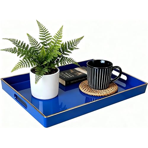 Zosenley Decorative Tray, Rectangular Plastic Tray with Handles, Modern Vanity Tray and Serving Tray for Bathroom, Kitchen, Ottoman and Coffee Table, 15.6” x 10.2” (Drak Blue)