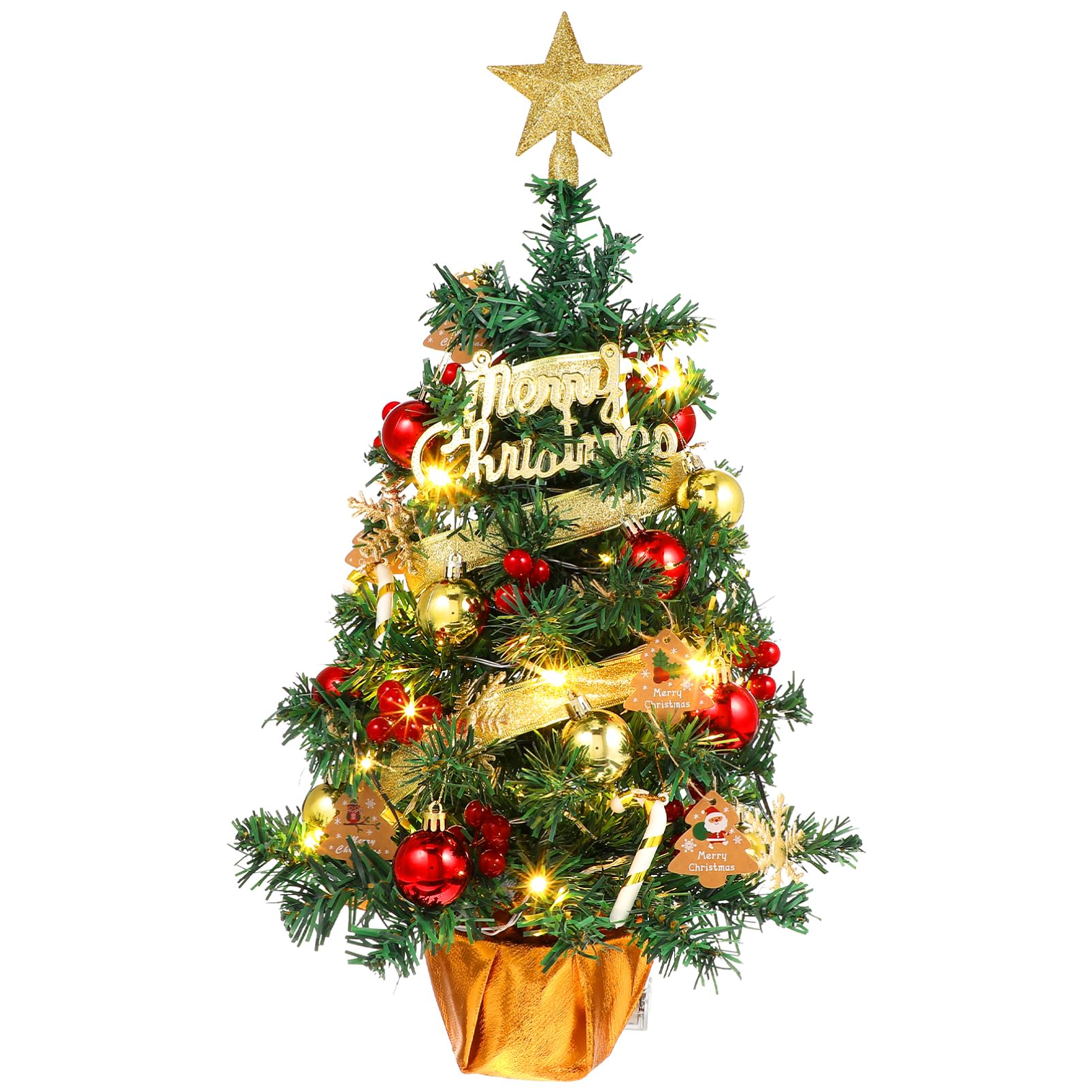 Baluue 60cm Kleiner Weihnachtsbaum mit Warmen LED Lichtern und Christbaumschmuck für Weihnachtsdekoration und Büro