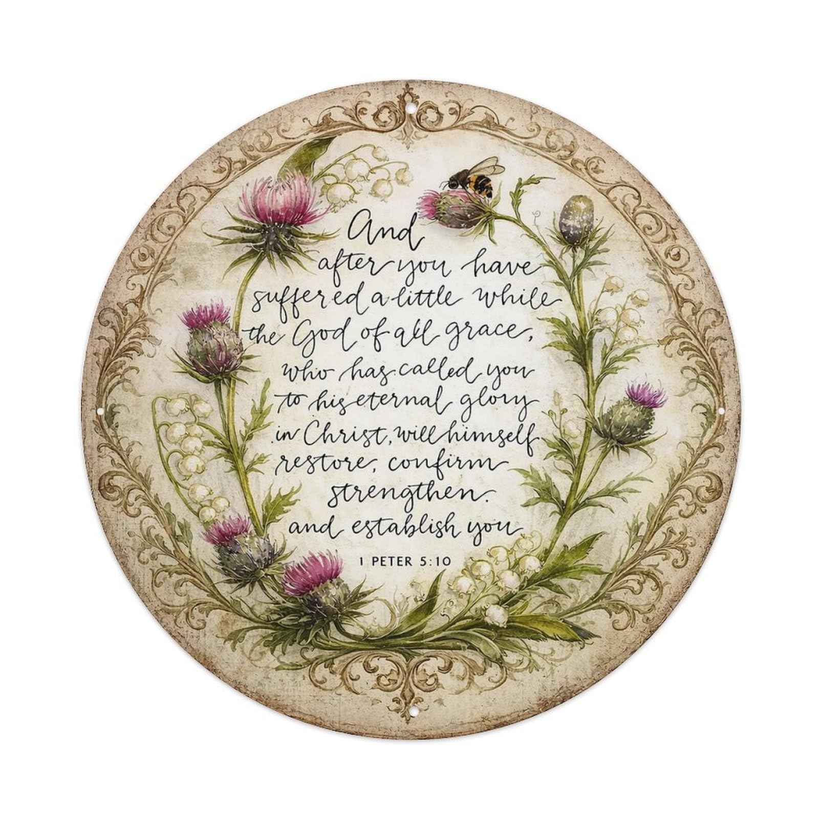 Floral Wreath Scripture Bee Thistle Round Tin Sign Vintage Metal Sign Home Bar Garden Indoor & Outdoor Wall Decor Retro Metal Poster 8x8 Inch