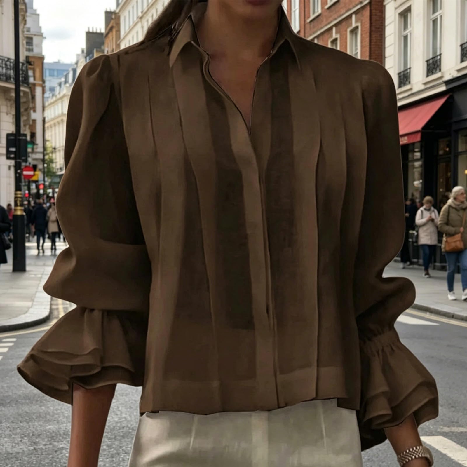 Camicia da donna con bottoni e risvolto, camicetta trasparente con pannello plissettato, sensazione in morbido misto cotone e camicia da lavoro