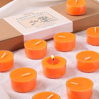 Pumpkin Cinnamon Scented Tealight Candles – 14 Pack, 100% Pure Palm Wax, 6-Hour Burn, Orange Scented Candles for Fall Decor, Thanksgiving, Halloween, Cozy Ambiance