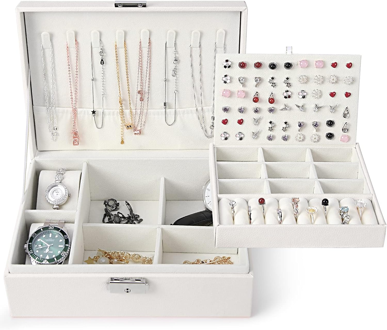 KTMOUW Jewelry Box, 2 Layer Large Jewelry Organizer PU Leather Travel