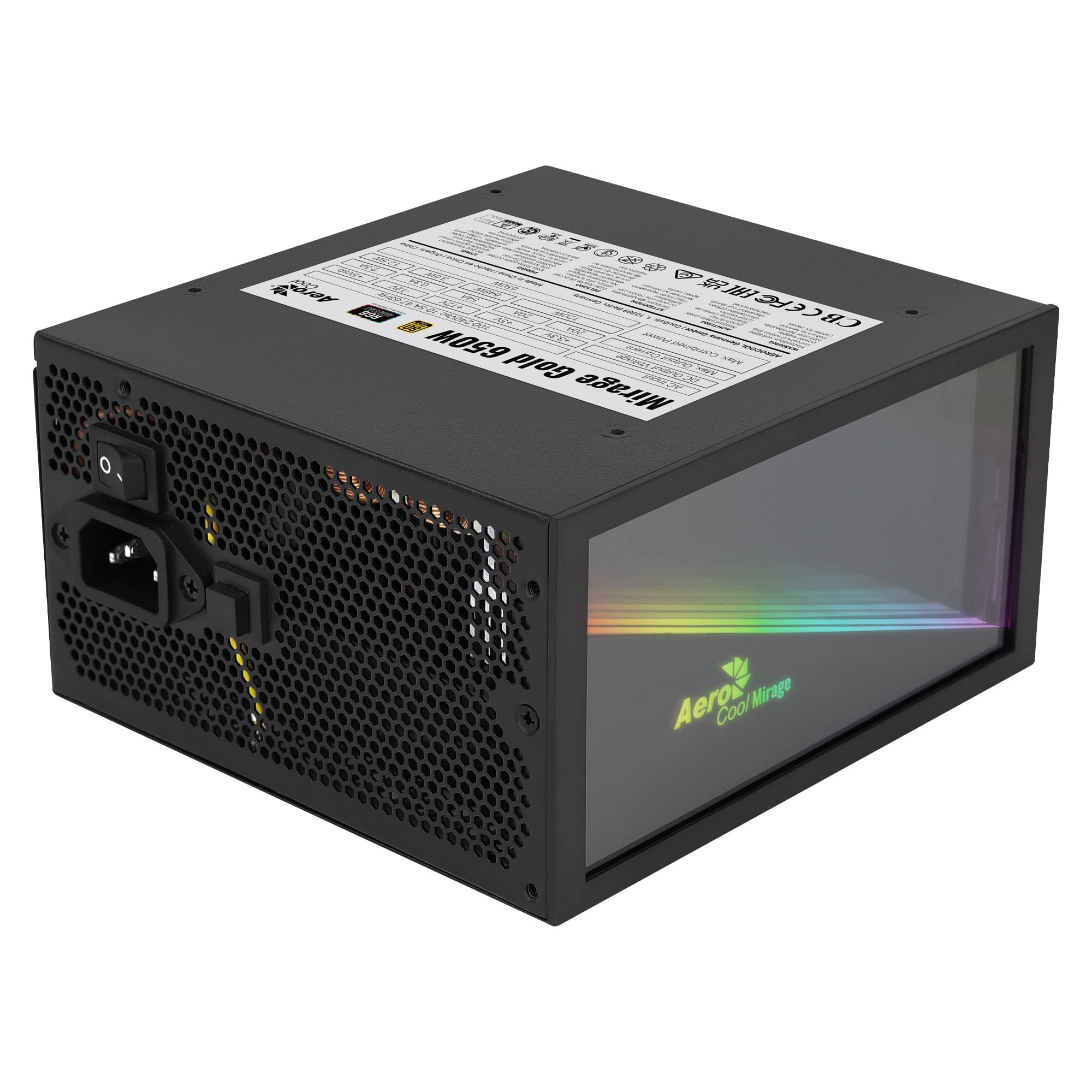 Aerocool MIRAGEGOLD650, Fuente Alimentación PC 650W, RGB Infinity Mirror, 80Plus Gold, Condensadores Japoneses