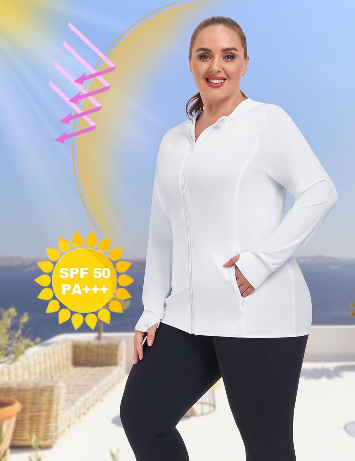 COOTRY Women's Plus Size UPF 50+ Sun Protection Jacket Lightweight Long Sleeve Zip Up Hoodie Cooling Sun Shirt Hiking Workout