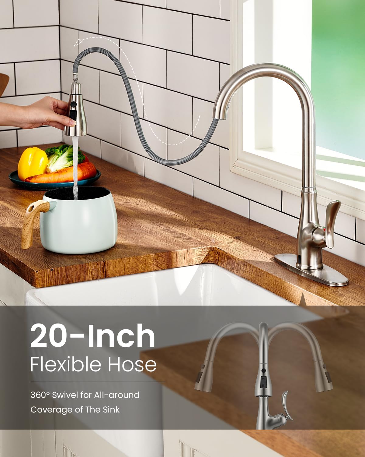 APPASO Robinet de cuisine sans contact avec pulvérisateur extractible, détecteur de mouvement, robinets d'évier de cuisine mains libres, nickel brossé, compatible avec 1 ou 3 trous, pulvérisateur à 3