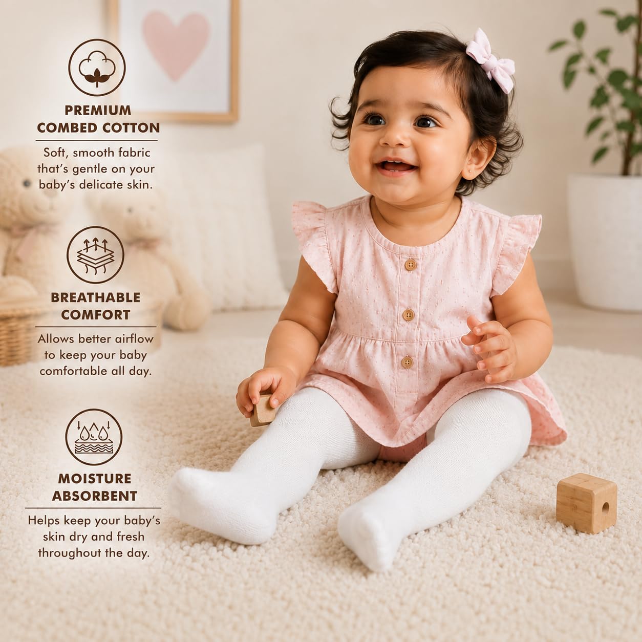 Supersox Cotton Tights for Babies | Combed Cotton, Breathable, Moisture Absorbent & Anti Odour | Soft, Stretchable Full-Length Baby Tights for All-Day Comfort | 0-12 Months | White | Pack of 1 1