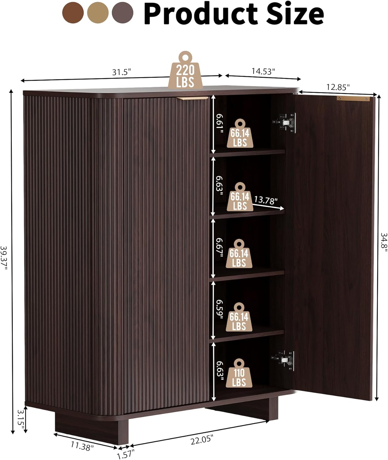 Freestanding Shoe Storage Cabinet with Doors, Modern Fluted Entryway Shoe Rack Organizer, 5 Tier 39.37" Tall MDF Shoe Shelf with 3 Adjustable Shelves for Entrance, Foyer and Hallway - Espresso
