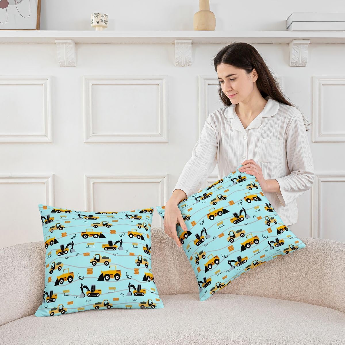 Castle Fairy Engineering Vehicles Kids Throw Pillow Cover,Excavator Tractor Pillow Case,Cute Stripes Bed Couch Sofa Cushion Cover,Light Blue Home Decor,2 Pack 24"x24" image 3