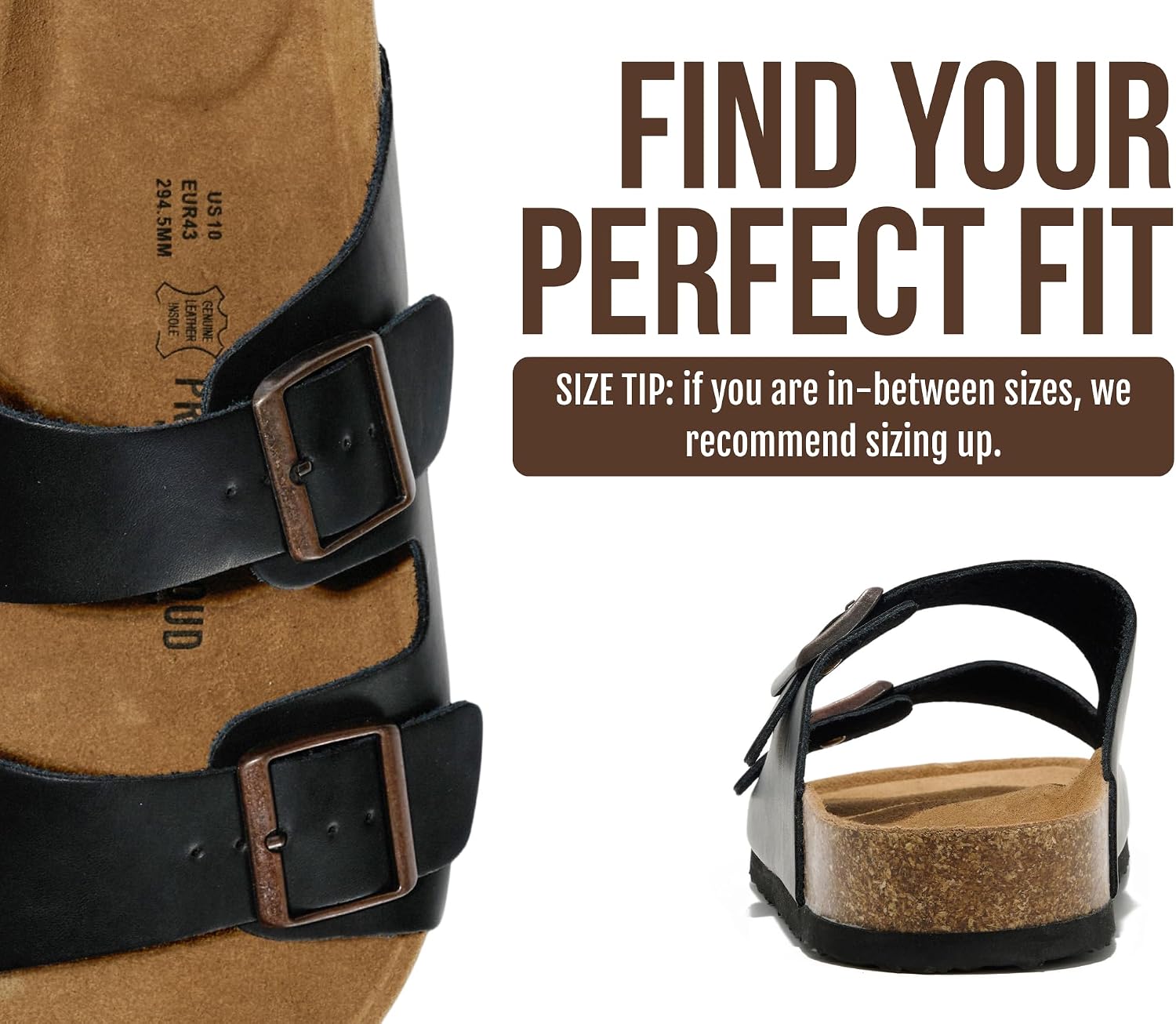 Project Cloud Mens Sandals 100% Genuine Leather - Memory Foam Insole & Cork Footbed Slides for Men Footwear - Non-Slip Summer Sandals for Men & Lightweight Mens Slides (Heritage, BLKDIS,10)