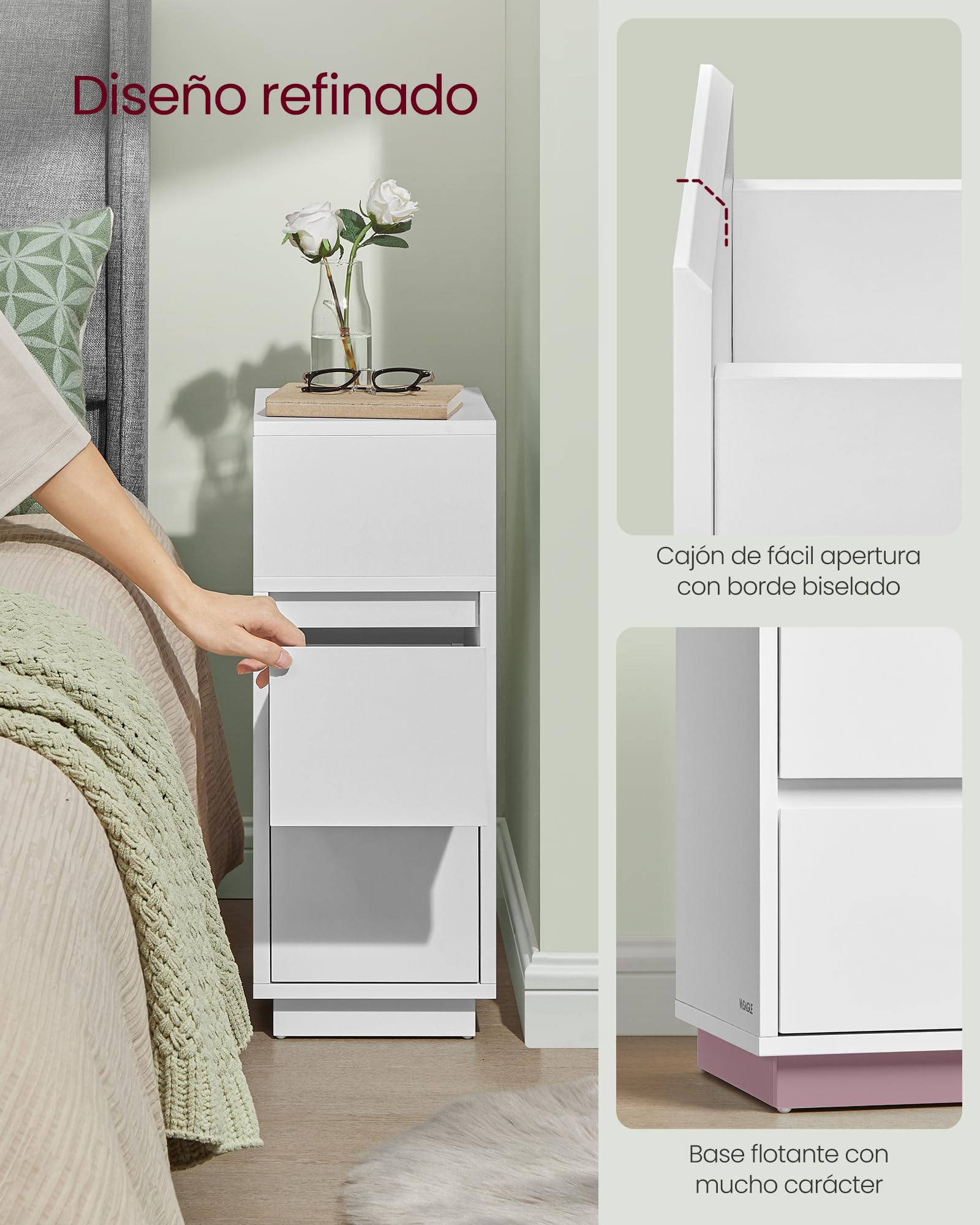 VASAGLE Kailyn Colección - Mesita de Noche Estrecha, Mesa Auxiliar con 2 Cajones y Compartimento Abierto, Encajable a la Izquierda o a la Derecha, Dormitorio, Salón, Blanco Nube LET656W01V1