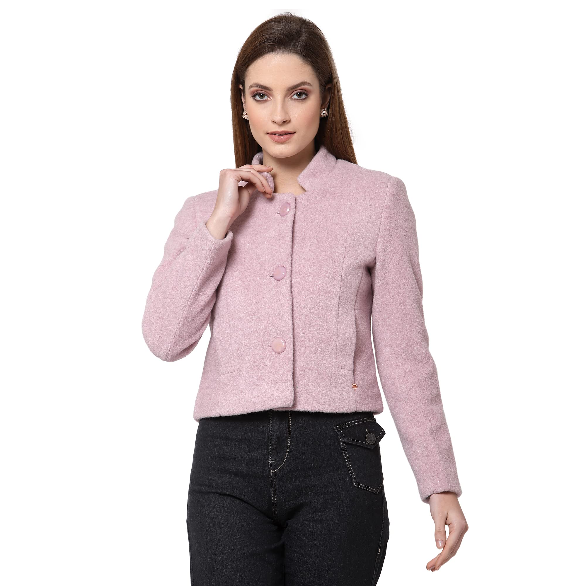 Juelle Women Textured Stand Collar Full Sleeve Regular Polyester Winter Pea Coat