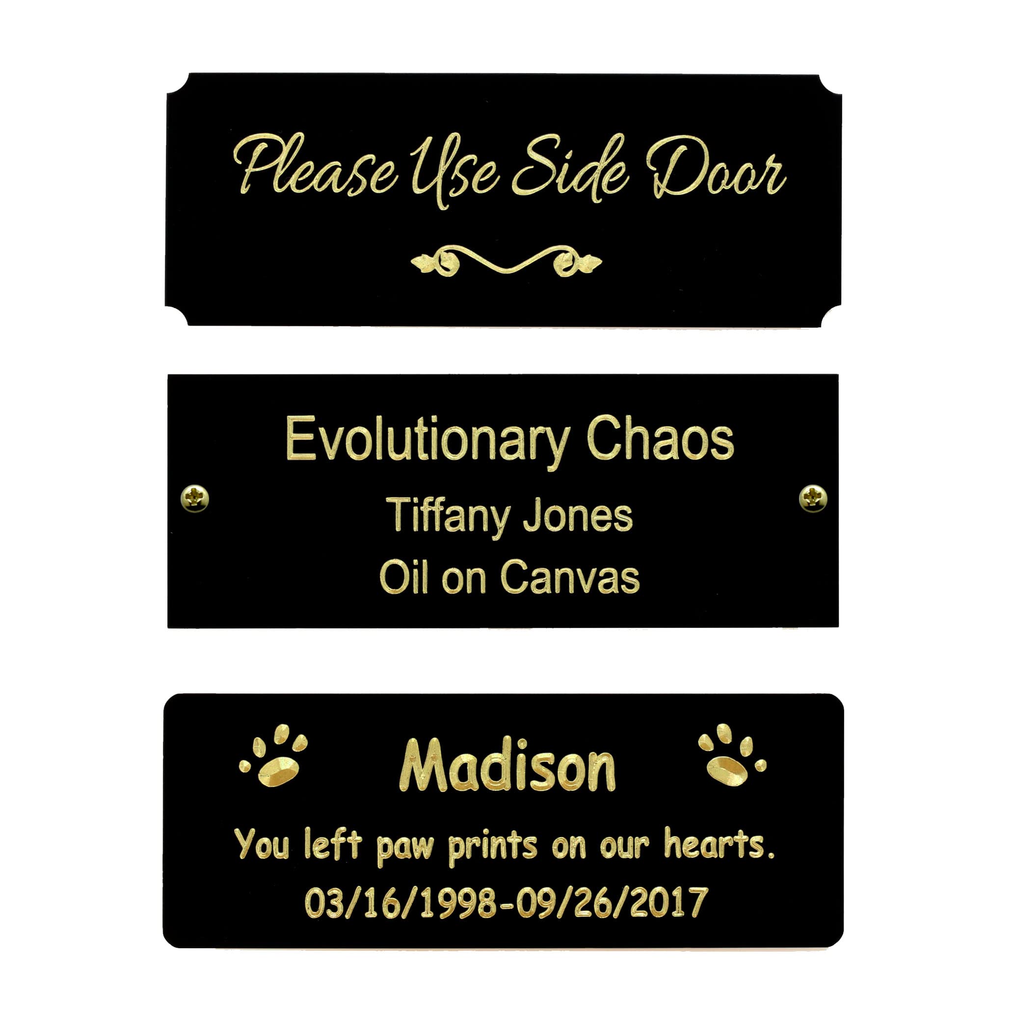 Size: 4"W x 1-1/2"H, Personalized, Custom Engraved, Black Coated Brass Plate Picture Frame Name Label Art Tag for Frames, with adhesive backing or