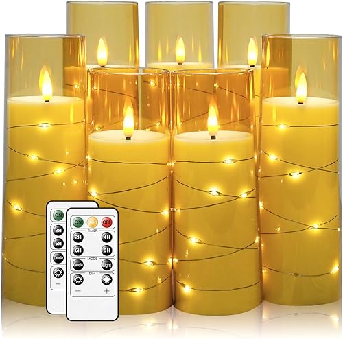 Miniatura 18 de Velas sin llama, con cadena de estrellas incorporada, velas operadas por baterías, velas LED parpadeantes, velas de pilar con control remoto y