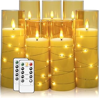 Flameless Candles,with Embedded Star String, Battery Operated Candles Flickering LED Pillar Candles with Remote Control and Timer, Home Decoration Add a Warm and Romantic Atmosphere,Set of 7 (Gold)